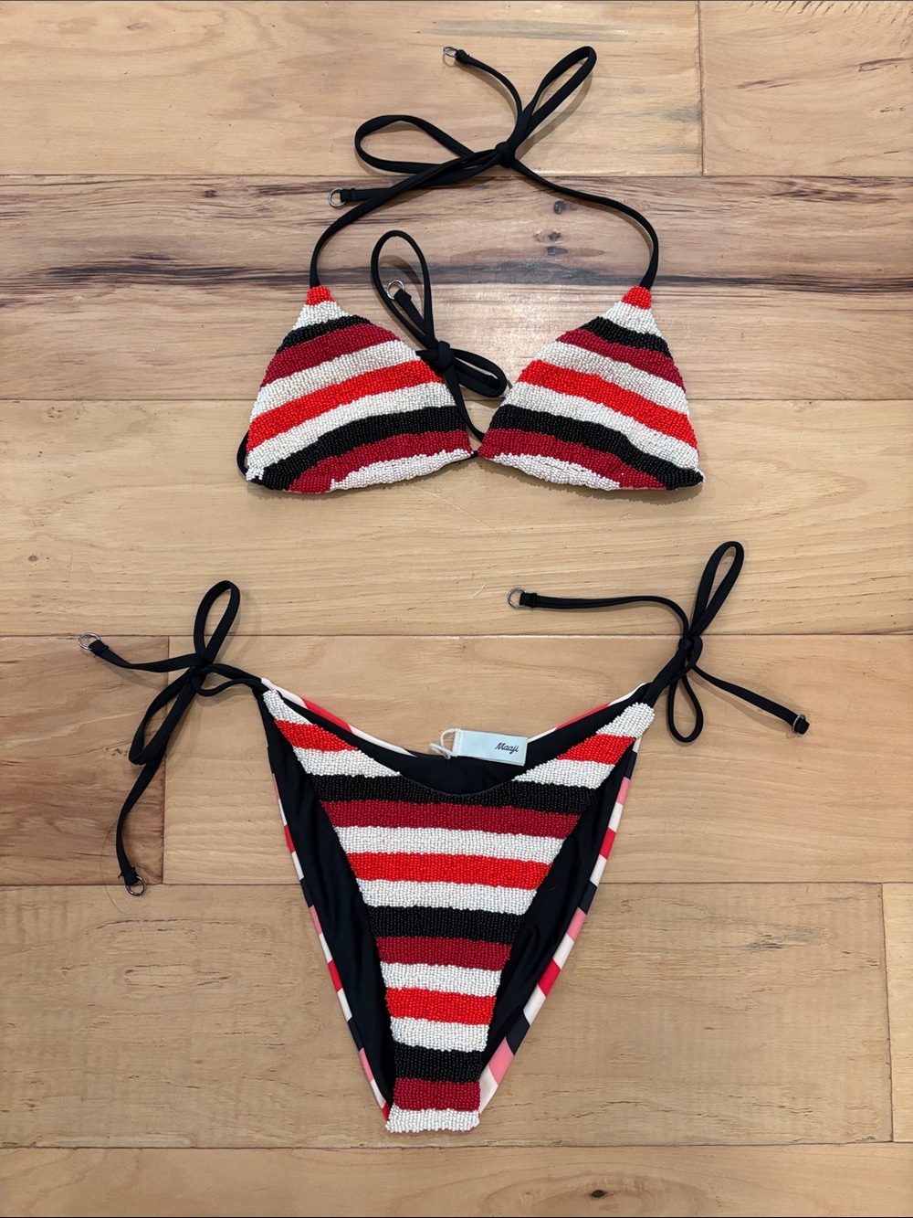 New Maaji Beaded Red White Black Striped Textured Triangle Bikini